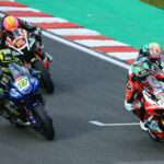 Glenn Irwin (2), Josh Brookes (25), Kyle Ryde (77), and Lee Jackson (14) battle for the lead at Oulton Park. Photo courtesy MSVR.