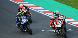 Glenn Irwin (2), Josh Brookes (25), Kyle Ryde (77), and Lee Jackson (14) battle for the lead at Oulton Park. Photo courtesy MSVR.