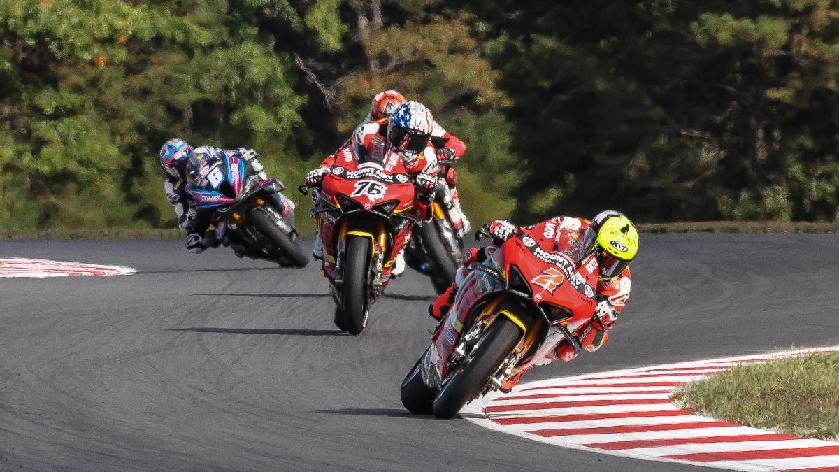 Josh Herrin (2) leads Loris Baz (76), Bobby Fong (hidden) and Cameron Beaubier (6) in Saturday's Superbike race. Photo by Brian J. Nelson.