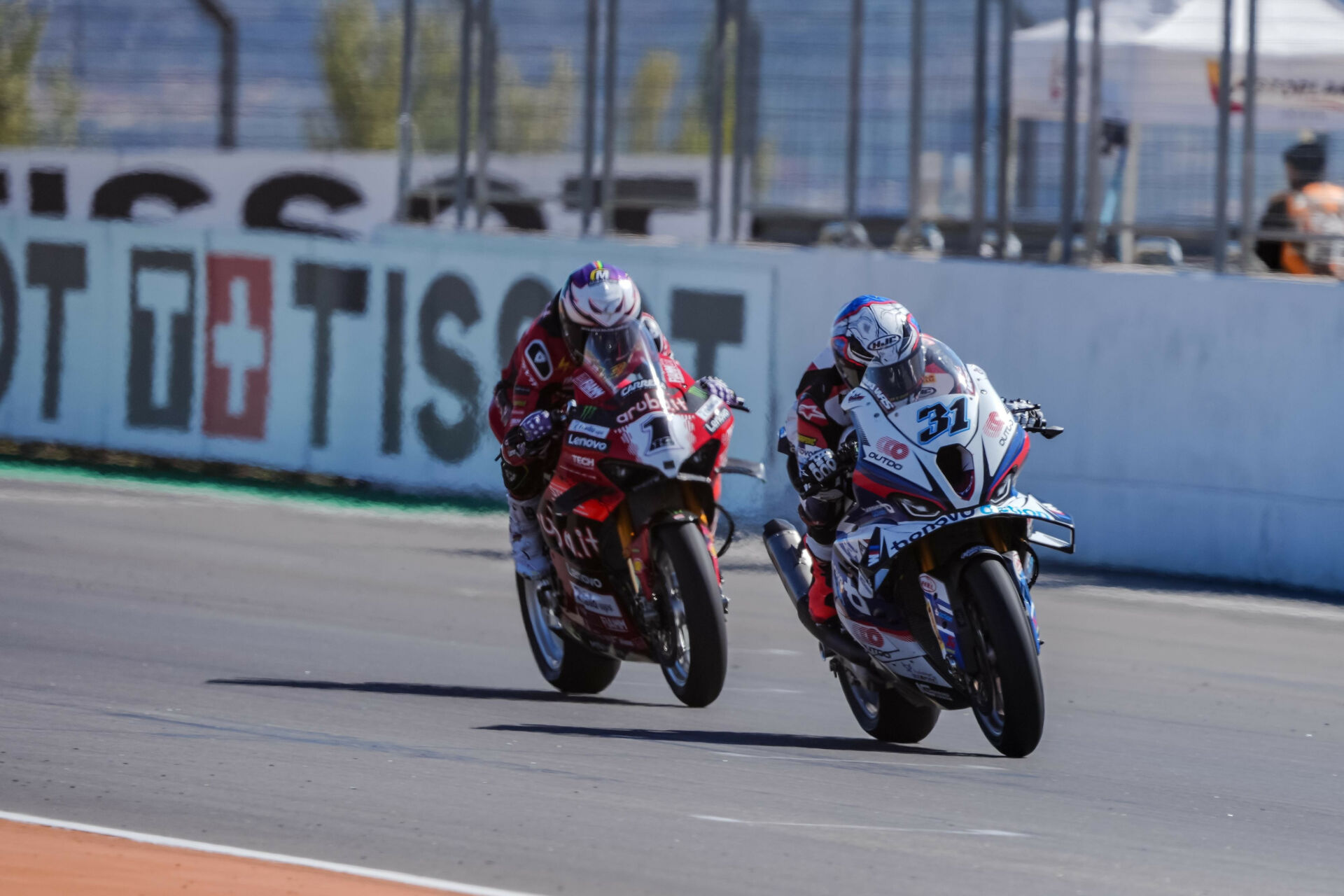 Garrett Gerloff (31) held off Alvaro Bautista (1) to get third place. Photo courtesy Dorna.