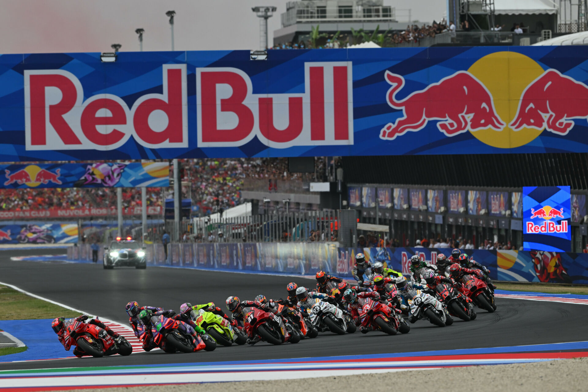 The start of the full-length MotoGP race on Sunday at Misano with Francesco Bagnaia (1) taking an early lead. Photo courtesy Dorna.