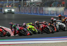 The start of the full-length MotoGP race at Misano with Francesco Bagnaia (1) leading the way. Photo courtesy Dorna.