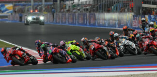 The start of the full-length MotoGP race at Misano with Francesco Bagnaia (1) leading the way. Photo courtesy Dorna.