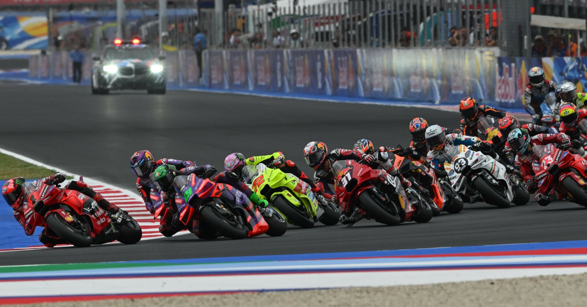 The start of the full-length MotoGP race at Misano with Francesco Bagnaia (1) leading the way. Photo courtesy Dorna.