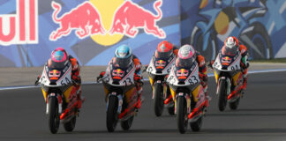 Veda Pratama (54), Valentin Perrone (73), Alvaro Carpe (83), Brian Uriarte (51), and Guido Pini (94) battle for the lead during Red Bull MotoGP Rookies Cup Race Two on Sunday at Misano. Photo courtesy Red Bull.