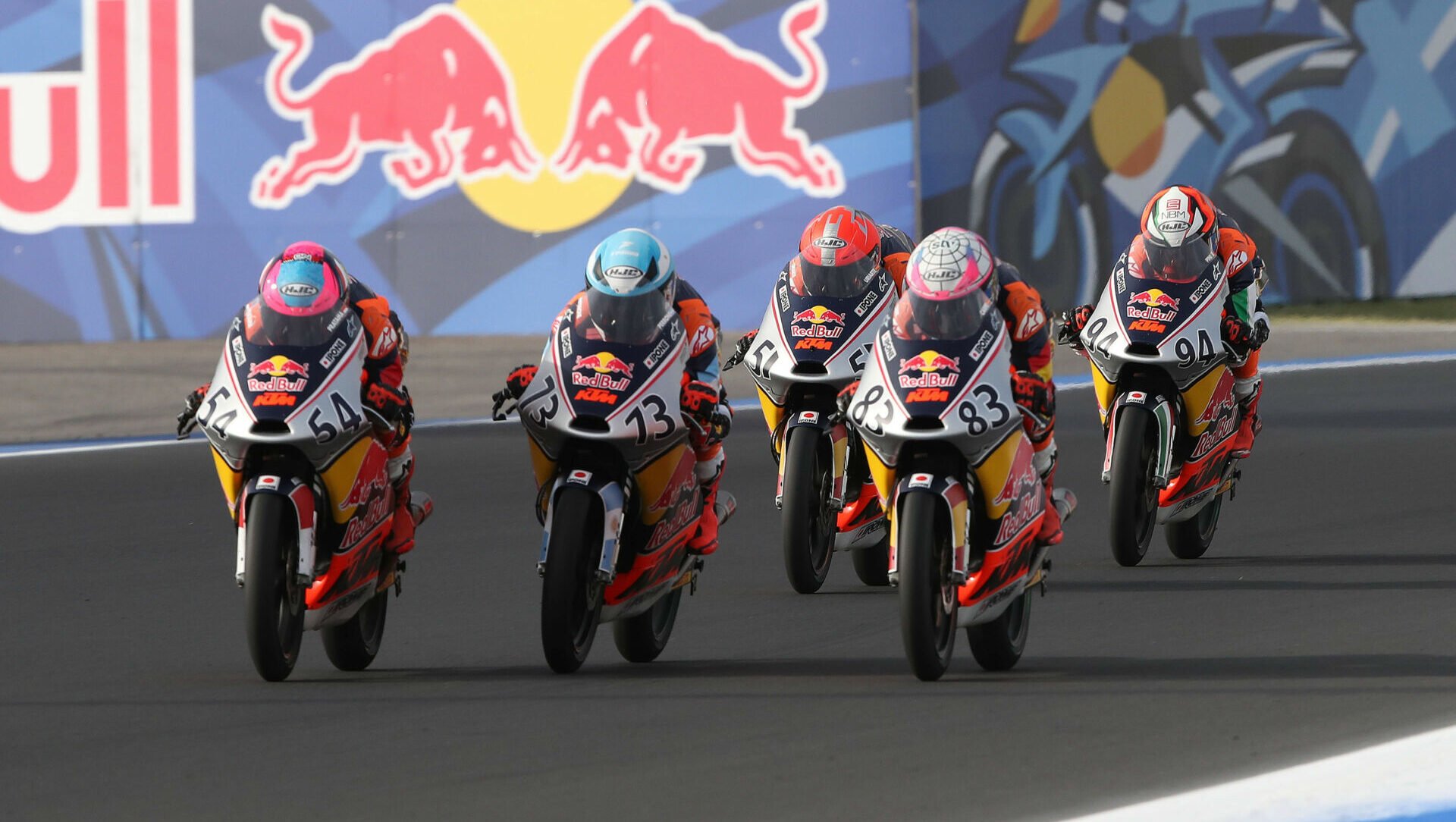 Veda Pratama (54), Valentin Perrone (73), Alvaro Carpe (83), Brian Uriarte (51), and Guido Pini (94) battle for the lead during Red Bull MotoGP Rookies Cup Race Two on Sunday at Misano. Photo courtesy Red Bull.