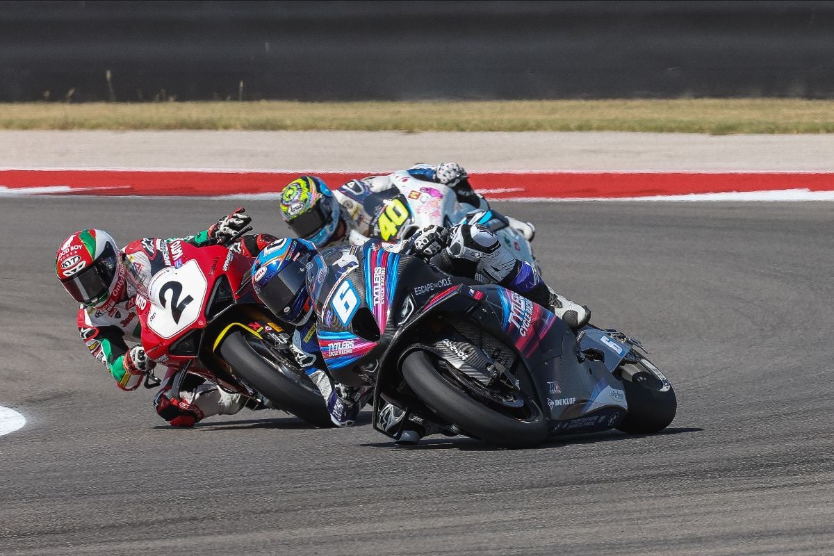 This is what Superbike race three looked like at the front for the duration. Cameron Beaubier (6) beat Josh Herrin (2) and Sean Dylan Kelly (40) to take the championship fight to New Jersey. Photo by Brian J. Nelson.