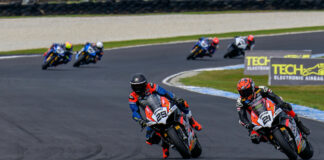 Harrison Voight (29) makes his decisive move on Josh Waters (21) in AMA Warehouse Superbike Race One at Phillip Island. Photo by RBMotoLens, courtesy ASBK.