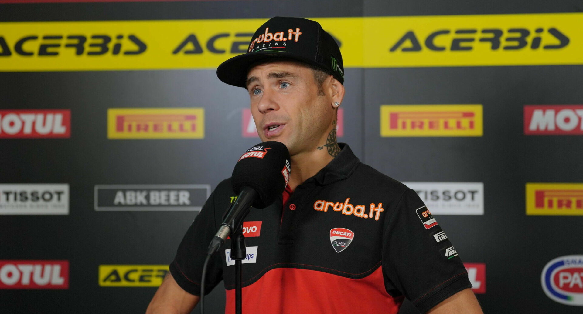 Two-time and defending Superbike World Champion speaking to the media Thursday at Cremona. Photo courtesy Dorna.