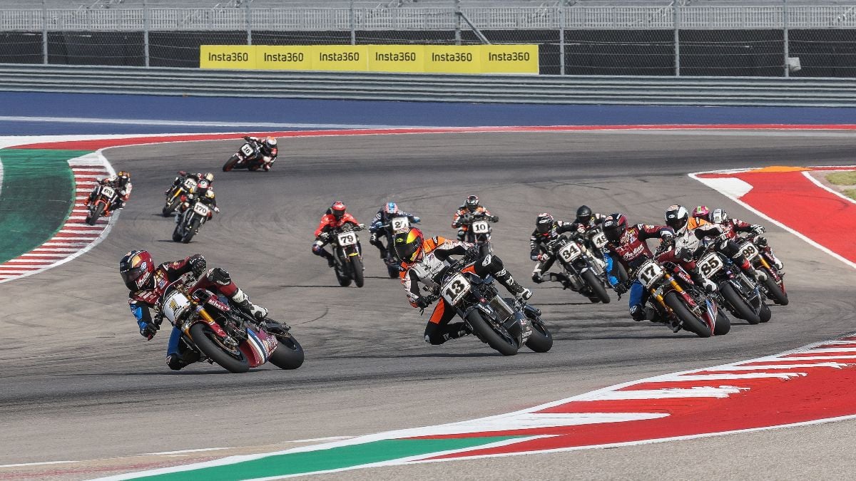 Tyler O'Hara (1) leads Cory West (13), Troy Herfoss (17) and the rest of the Mission Super Hooligan National Championship pack at COTA on Sunday. West emerged from the fray as the class champion. Photo by Brian J. Nelson.