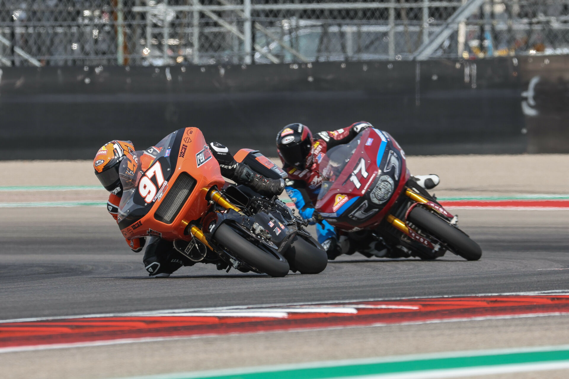 Rocco Landers (97) leads Troy Herfoss (17) during a King Of The Baggers race at COTA. Photo by Brian J. Nelson, courtesy Harley-Davidson.