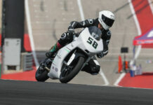 Krämer test rider Finn Chapman wearing a KYT helmet while testing the Krämer APX-350 MA prototype at the Circuit of The Americas. Photo by Brian J. Nelson, courtesy Krämer Motorcycles.