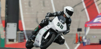 A Krämer test rider wearing a Rev'It! suit while testing the Krämer APX-350 MA prototype at the Circuit of The Americas. Photo by Brian J. Nelson, courtesy Krämer Motorcycles.