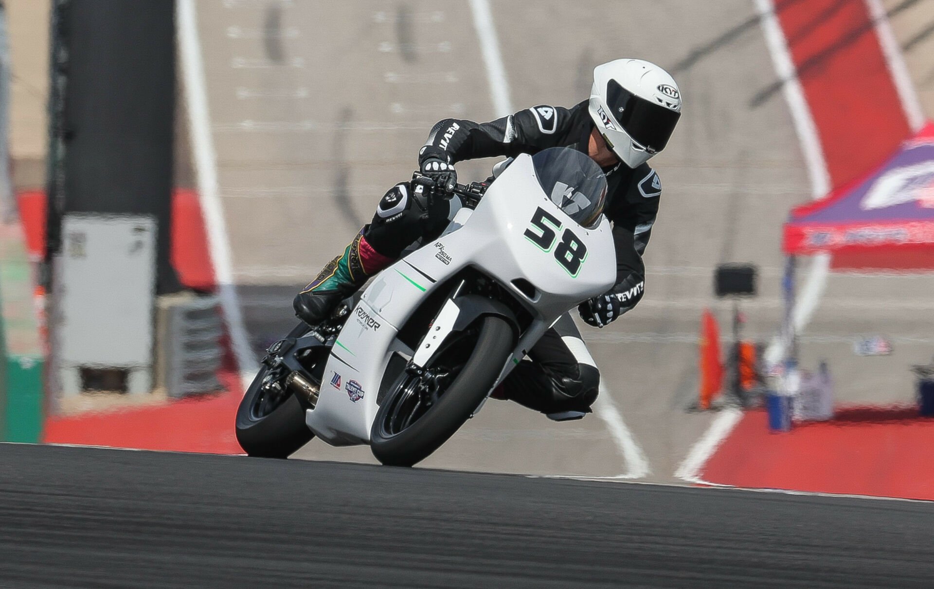 Krämer test rider Finn Chapman wearing a KYT helmet while testing the Krämer APX-350 MA prototype at the Circuit of The Americas. Photo by Brian J. Nelson, courtesy Krämer Motorcycles.