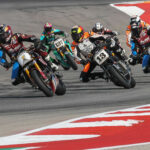 Tyler O'Hara (1), Cory West (13), Troy Herfoss (17), and the rest of the field at the start of Super Hooligan Race Two at COTA. Photo by Brian J. Nelson.