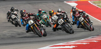 Tyler O'Hara (1), Cory West (13), Troy Herfoss (17), and the rest of the field at the start of Super Hooligan Race Two at COTA. Photo by Brian J. Nelson.