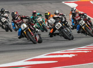 Tyler O'Hara (1), Cory West (13), Troy Herfoss (17), and the rest of the field at the start of Super Hooligan Race Two at COTA. Photo by Brian J. Nelson.