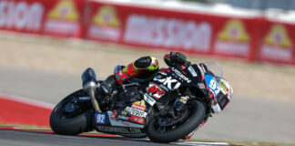 Rossi Moor in action during MotoAmerica Twins Cup Race 2 at Circuit of the Americas, riding a Vision Wheel M4 ECSTAR Suzuki GSX-8R built by Team Hammer. Photo by Brian J. Nelson.