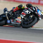 Rossi Moor in action during MotoAmerica Twins Cup Race 2 at Circuit of the Americas, riding a Vision Wheel M4 ECSTAR Suzuki GSX-8R built by Team Hammer. Photo by Brian J. Nelson.