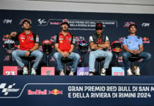 (From left) Enea Bastianini, Francesco Bagnaia, Jorge Martin, and Marc Marquez at the pre-event press conference at Misano. Photo courtesy Dorna.