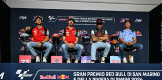 (From left) Enea Bastianini, Francesco Bagnaia, Jorge Martin, and Marc Marquez at the pre-event press conference at Misano. Photo courtesy Dorna.