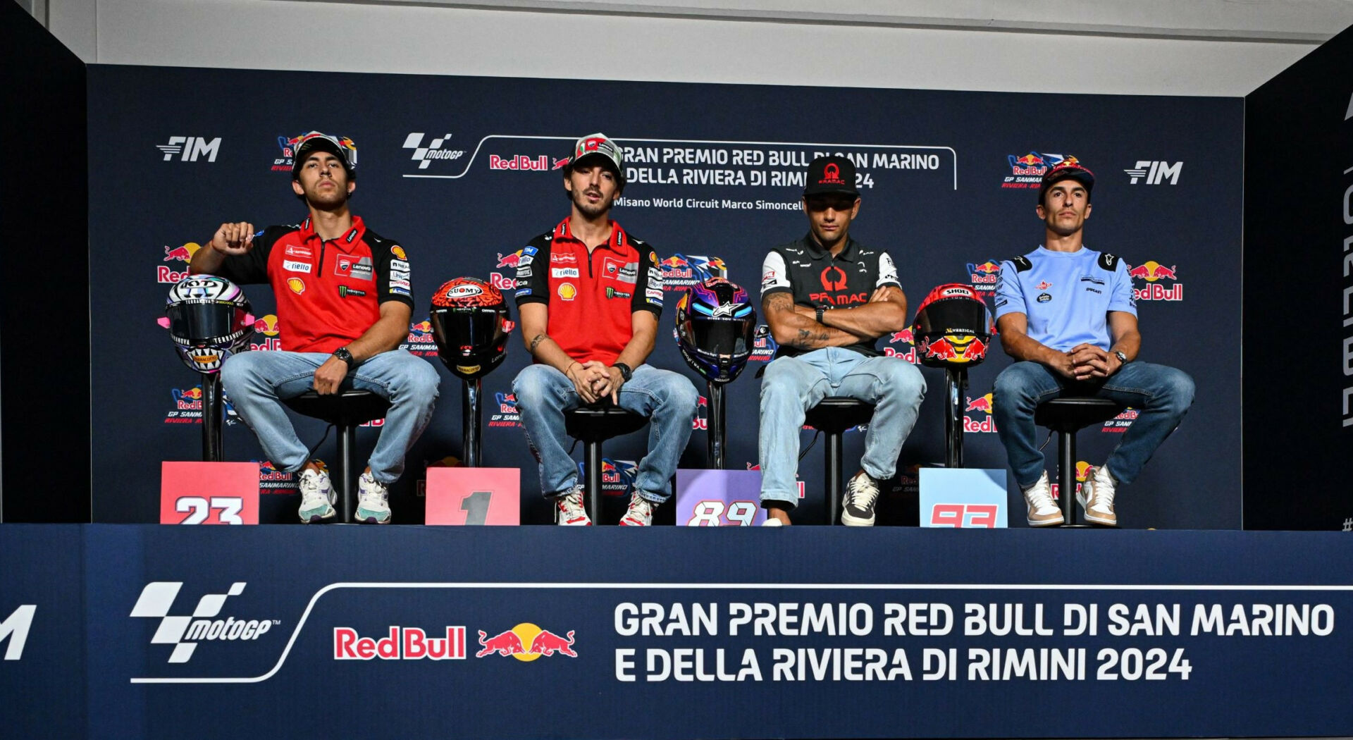 (From left) Enea Bastianini, Francesco Bagnaia, Jorge Martin, and Marc Marquez at the pre-event press conference at Misano. Photo courtesy Dorna.