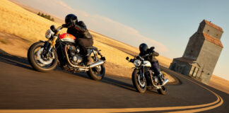 A 2025 Triumph Speed Twin 120 RS followed by a 2025 Triumph Speed Twin 1200. Photo courtesy Triumph.