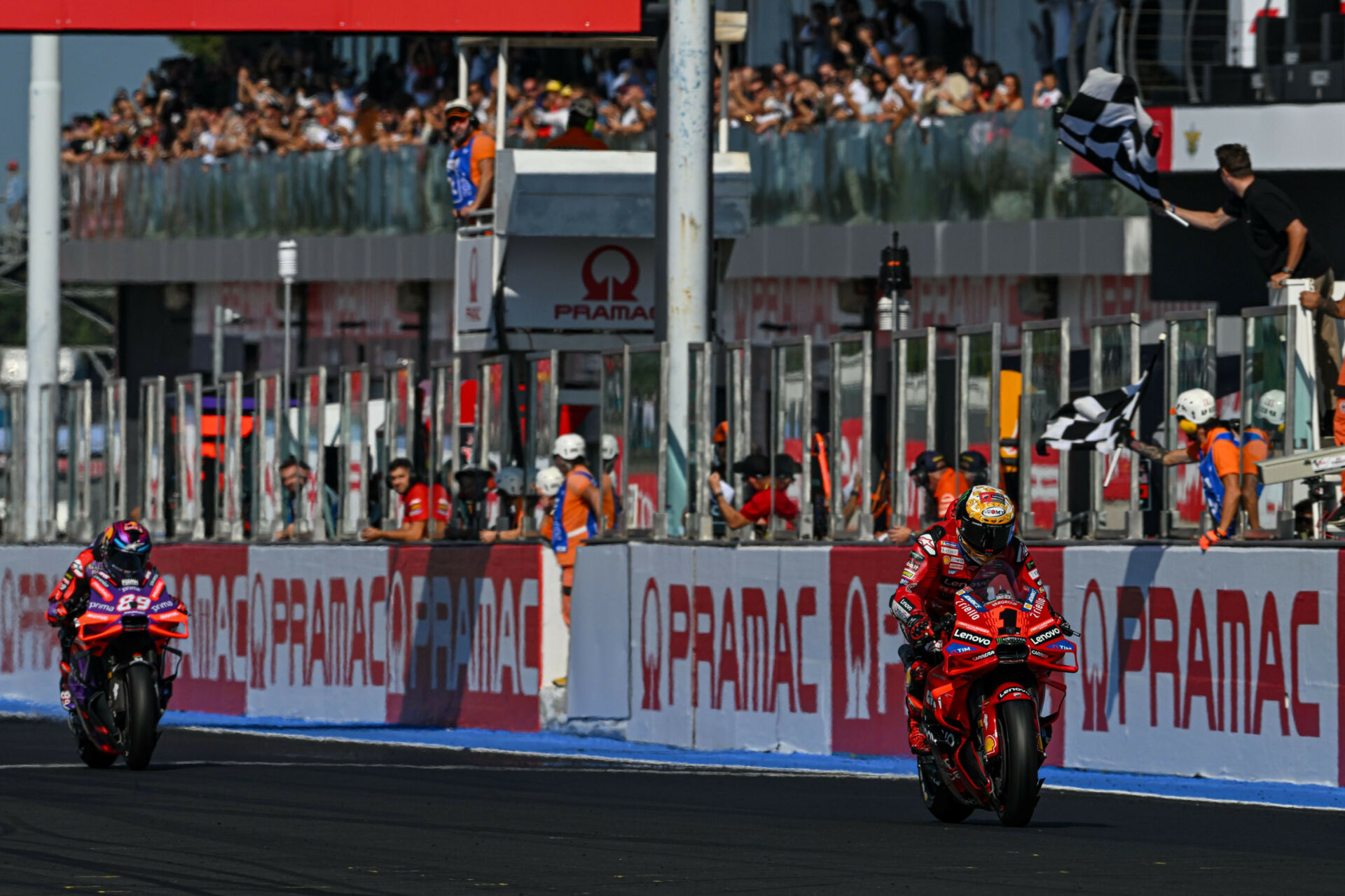 Francesco Bagnaia (1) beat Jorge Martin (89) in the MotoGP Sprint Race. Photo courtesy Dorna.