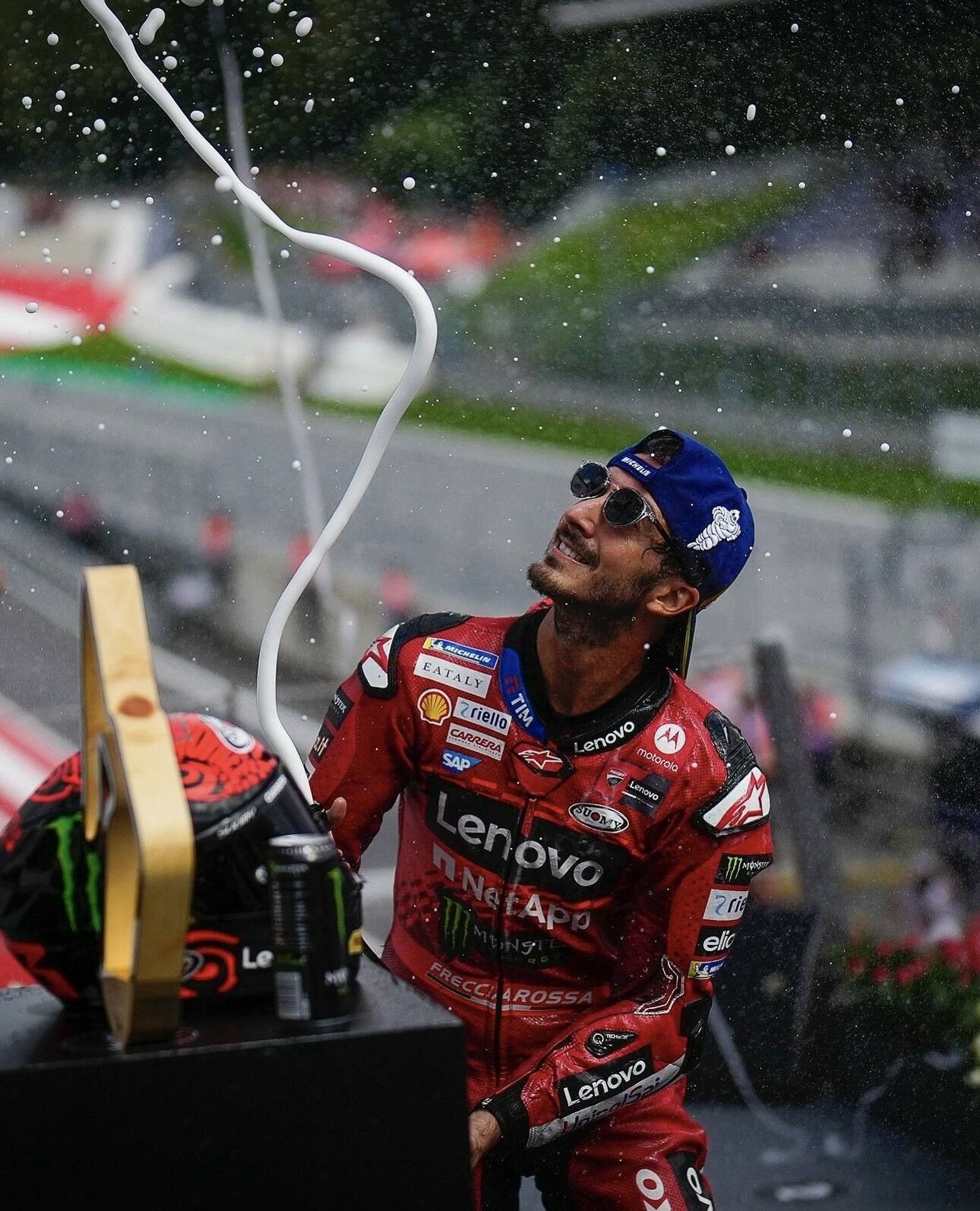 Francesco Bagnaia (1) on the podium at the Austrian GP. Photo courtesy Dorna.