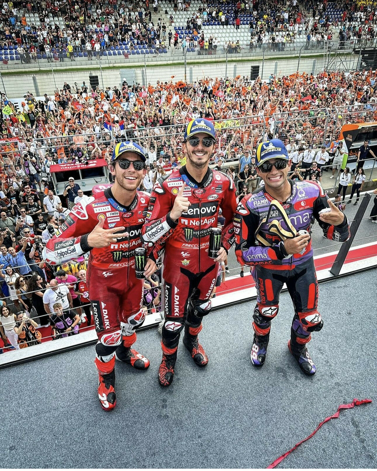 Podium picture with Enea Bastianini (on the left), Francesco Bagnaia (in the middle) and Jorge Martin (on the right). Photo courtesy Dorna.