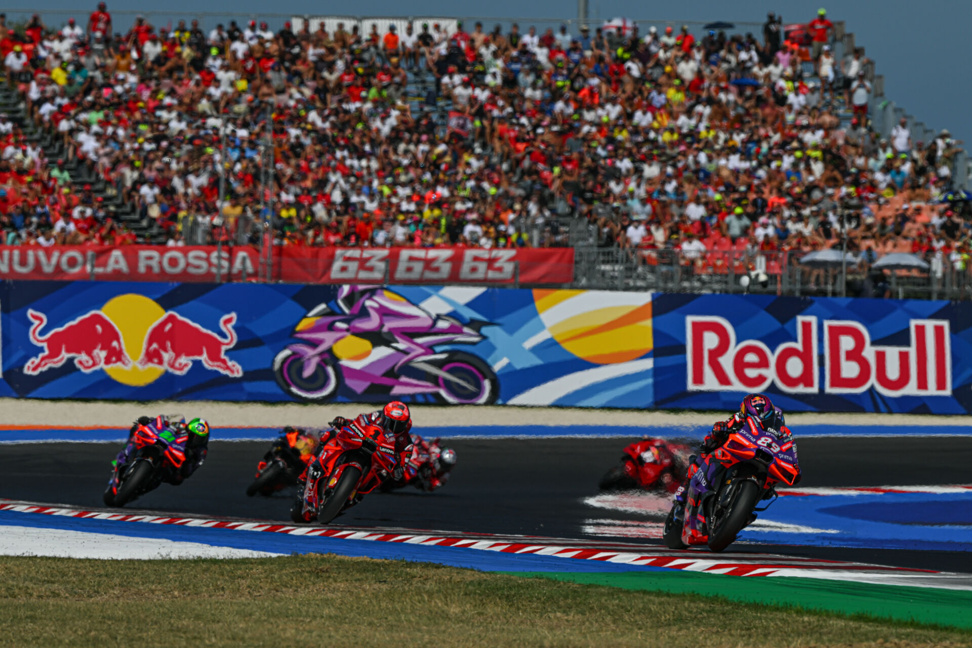 Jorge Martin (89) leads Francesco Bagnaia (1), Franco Morbidelli (21), and the rest during the MotoGP Sprint Race Saturday at Misano. Photo courtesy Dorna.