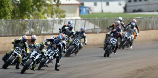 Jared Mees (1) leads the field during the first AFT SuperTwins main event at the Springfield Mile doubleheader. Photo by Tim Lester, courtesy AFT.