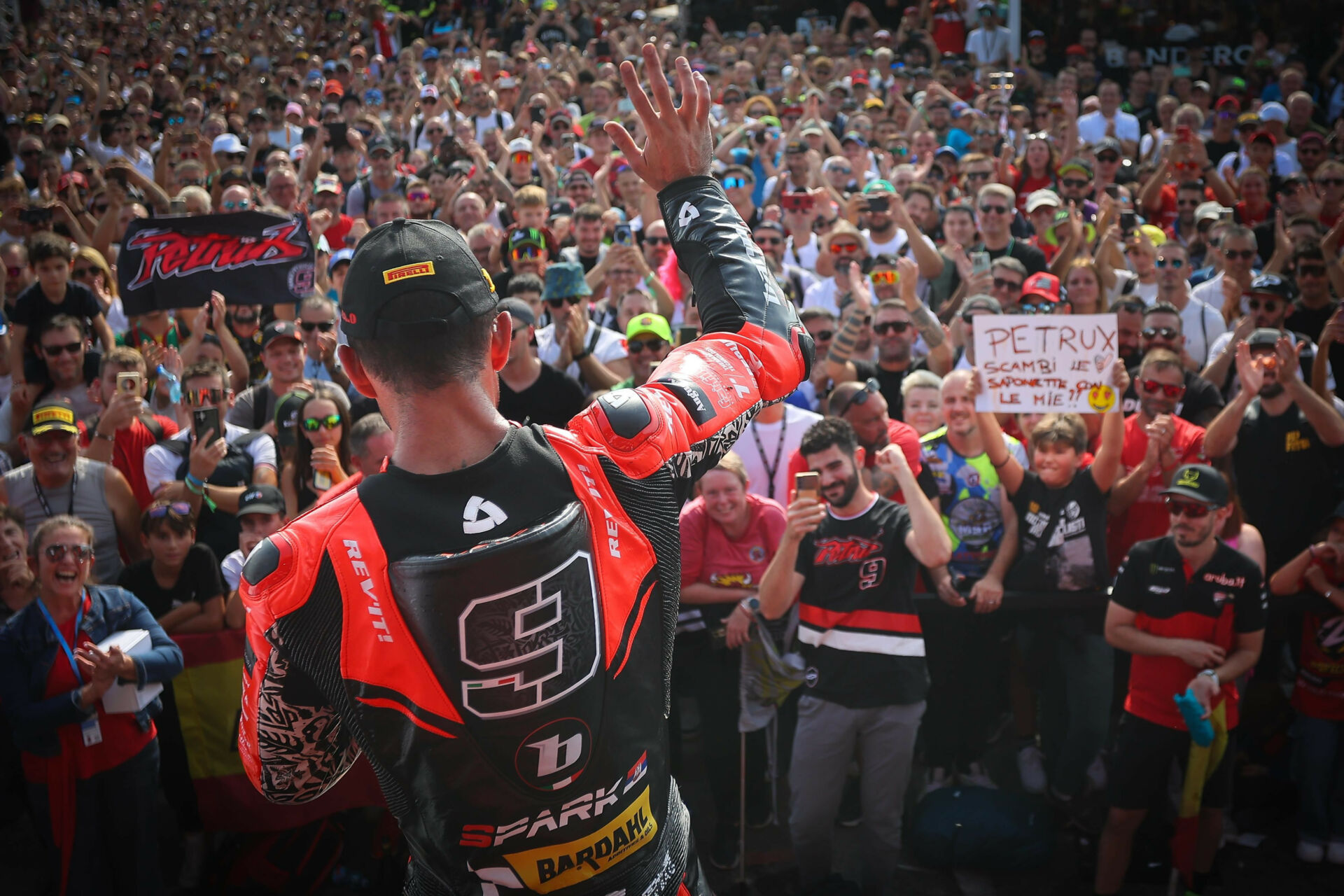 Danilo Petrucci acknowledges the huge crowd at Cremona. Photo courtesy Dorna.