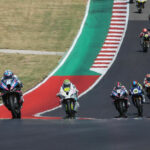 Josh Herrin (2) leads Cameron Beaubier (6), Sean Dylan Kelly (40), and the rest of the field at the start of MotoAmerica Superbike Race Three at COTA. Photo by Brian J. Nelson.