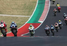 Josh Herrin (2) leads Cameron Beaubier (6), Sean Dylan Kelly (40), and the rest of the field at the start of MotoAmerica Superbike Race Three at COTA. Photo by Brian J. Nelson.