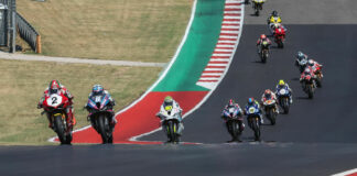 Josh Herrin (2) leads Cameron Beaubier (6), Sean Dylan Kelly (40), and the rest of the field at the start of MotoAmerica Superbike Race Three at COTA. Photo by Brian J. Nelson.