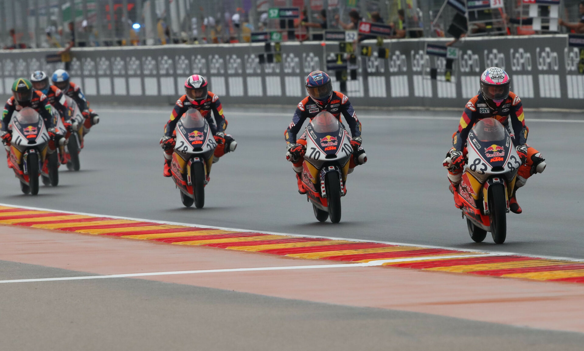 American Kristian Daniel Jr. (70) chases Championship point leader Alvaro Carpe (83) during a Red Bull MotoGP Rookies Cup race at MotorLand Aragon. Photo courtesy Kristian Daniel Sr.