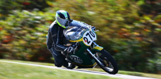 Rob Hall (270) at speed on his 1965 AJS 7R. Photo by Etechphoto.com, courtesy AHRMA.