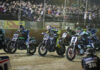 Davis Fisher (67), Sammy Halbert (69) , Brandon Price (92), and Jared Mees (1) lined up in front of a big crowd at the Lake Ozark Short Track. Photo by Scott Hunter, courtesy AFT.