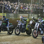 Davis Fisher (67), Sammy Halbert (69) , Brandon Price (92), and Jared Mees (1) lined up in front of a big crowd at the Lake Ozark Short Track. Photo by Scott Hunter, courtesy AFT.