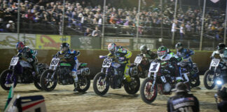 Davis Fisher (67), Sammy Halbert (69) , Brandon Price (92), and Jared Mees (1) lined up in front of a big crowd at the Lake Ozark Short Track. Photo by Scott Hunter, courtesy AFT.