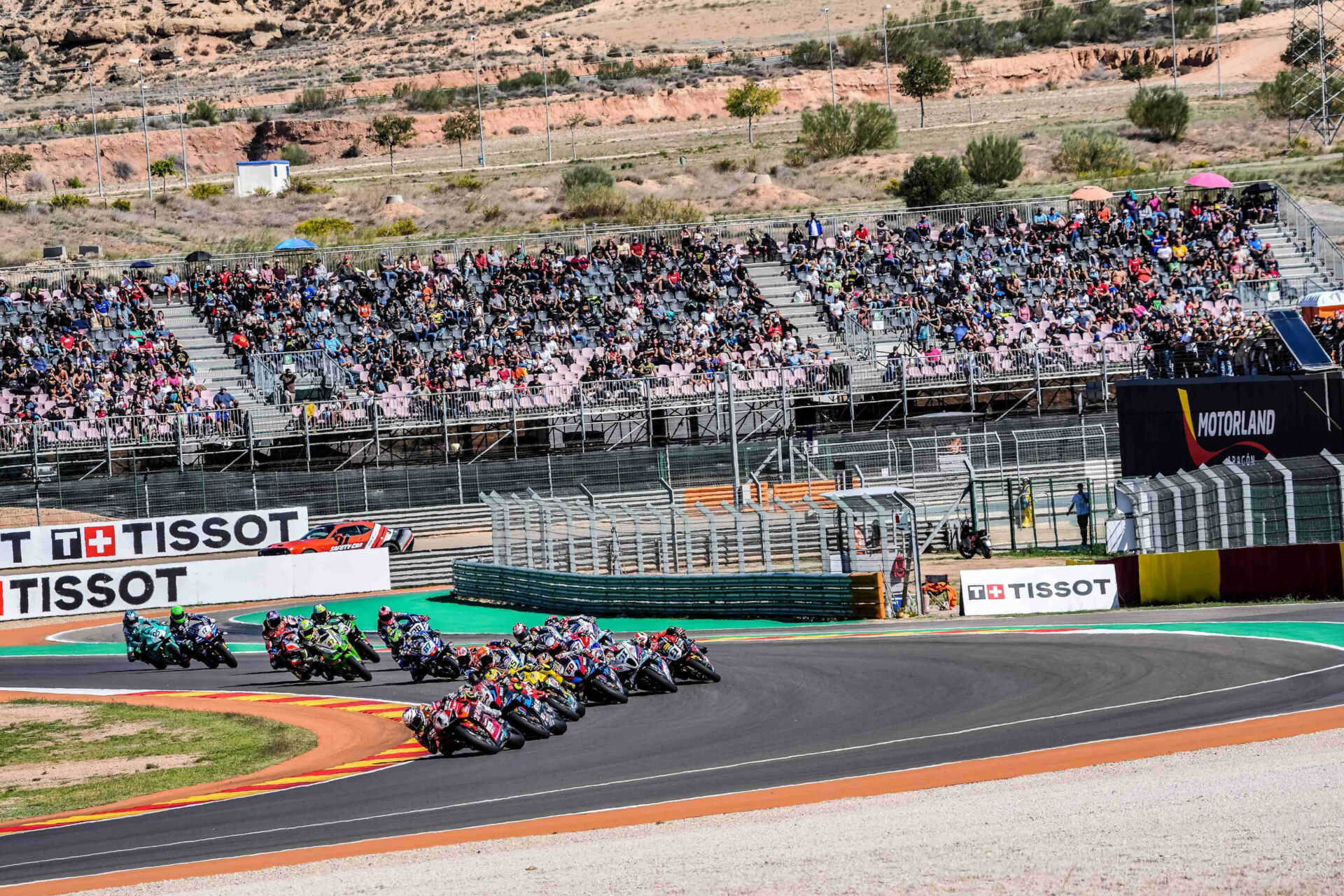 The start of a World Superbike race Sunday at MotorLand Aragon. Photo courtesy Dorna.