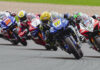 Kyle Ryde (77), Glenn Irwin (2), Tommy Bridewell (1), and Danny Kent (52) racing for the lead Sunday at Donington Park. Photo courtesy MSVR.