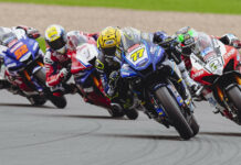 Kyle Ryde (77), Glenn Irwin (2), Tommy Bridewell (1), and Danny Kent (52) racing for the lead Sunday at Donington Park. Photo courtesy MSVR.