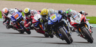 Kyle Ryde (77), Glenn Irwin (2), Tommy Bridewell (1), and Danny Kent (52) racing for the lead Sunday at Donington Park. Photo courtesy MSVR.