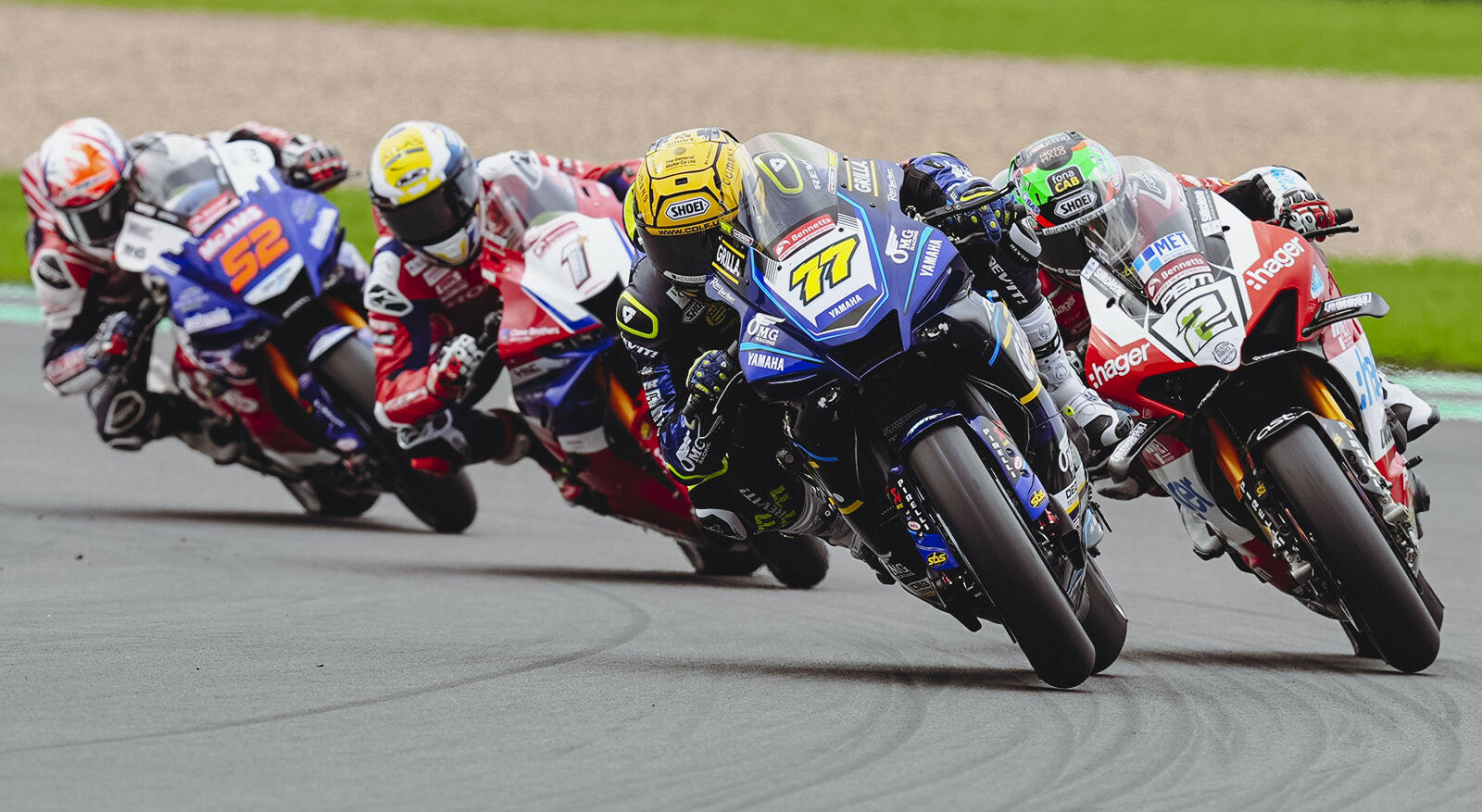 Kyle Ryde (77), Glenn Irwin (2), Tommy Bridewell (1), and Danny Kent (52) racing for the lead Sunday at Donington Park. Photo courtesy MSVR.