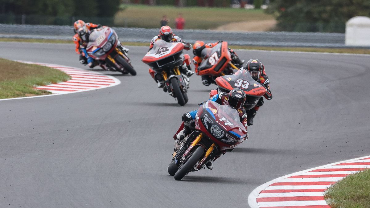 Troy Herfoss (17) leads Kyle Wyman (33), James Rispoli (43) and Rocco Landers (97) in Sunday's finale of the Mission King Of The Baggers Championship at New Jersey Motorsports Park. Photo by Brian J. Nelson.