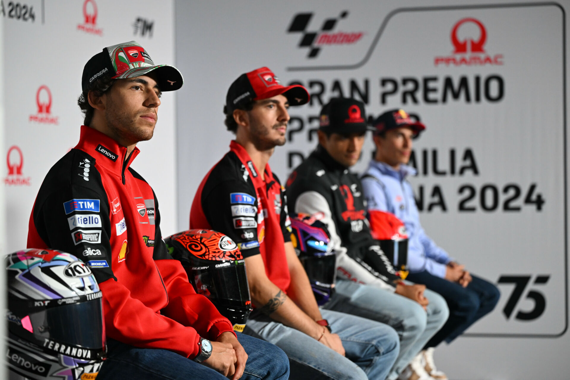 (From left) Enea Bastianini, Francesco Bagnaia, Jorge Martin, and Marc Marquez at the pre-event press conference at Misano II. Photo courtesy Dorna.