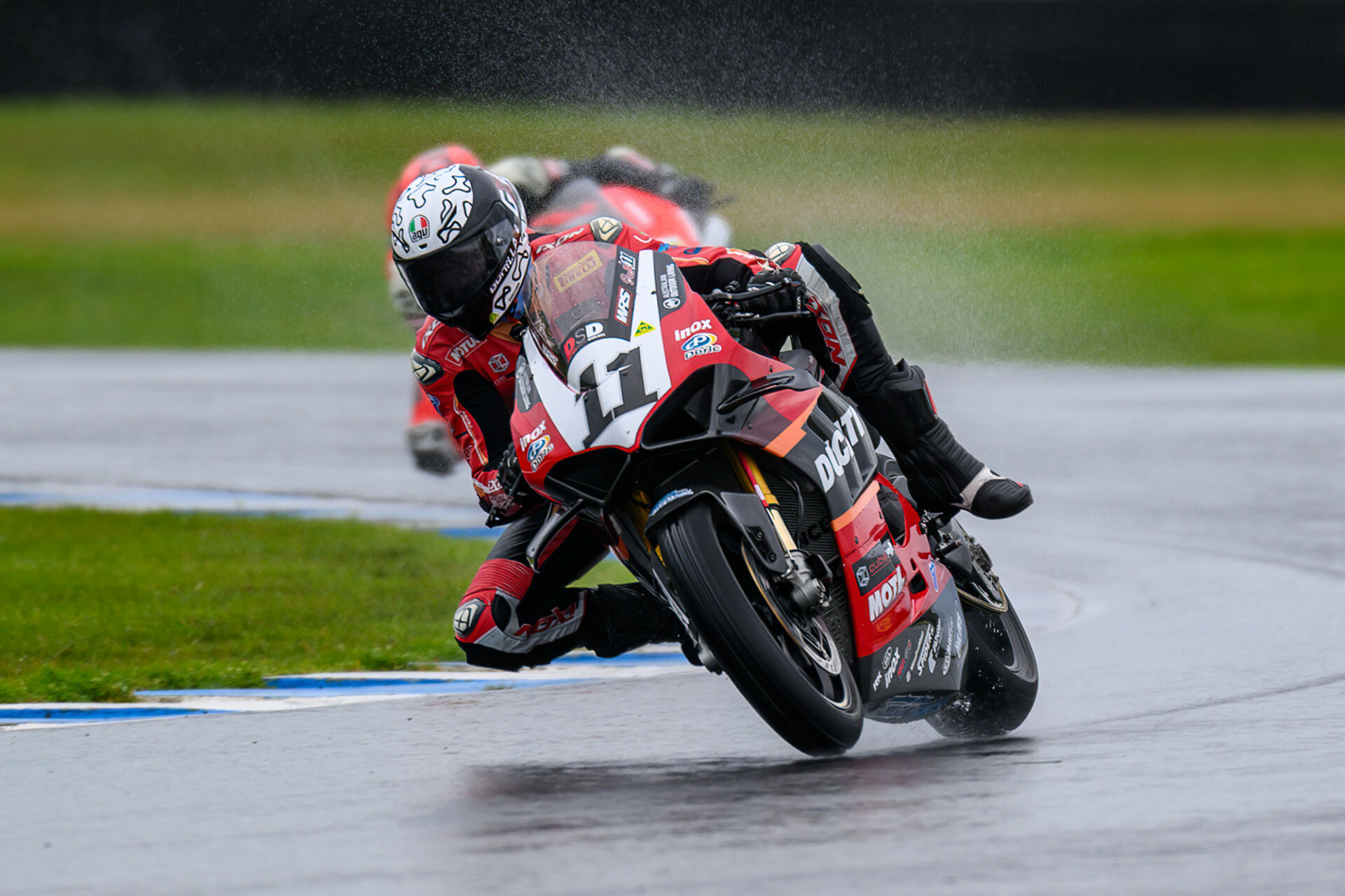 Broc Pearson (11) won wet Race Two. Photo by RBMotoLens, courtesy ASBK.