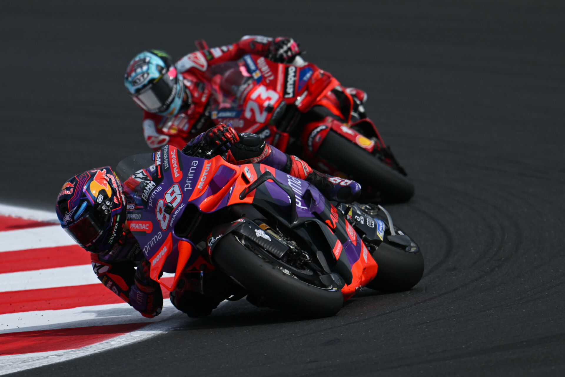 Enea Bastianini (23) put a hard pass on Jorge Martin (89) on the last lap to grab the victory. Photo courtesy Dorna.